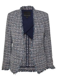 Giacca aperta blu e bianca in tweed da donna con rifiniture frangiate e rivestimento interno blu scuro, taglia 4, Banana Republic.
