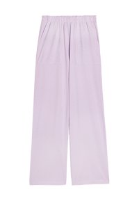 Jasnofioletowe, szerokie spodnie wykonane z miękkiego materiału. Posiadają elastyczny pas i dwie przednie kieszenie. Gładka tekstura o swobodnym fasonie.