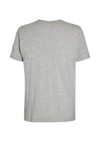 Grå bomulds T-shirt, korte ærmer, rund hals, enkel design, blød tekstur, afslappet pasform, bagview.