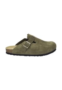 Olive green clogs with a ribbed suede texture, adjustable strap with metal buckle, cork footbed, and black rubber outsole.
