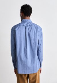 Camicia azzurra chiara con sottili righe verticali e piega sul retro. Presenta maniche lunghe con polsini abbottonati e un colletto classico.