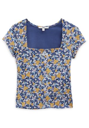 Krótki rękaw z kwiatowym wzorem w kolorze niebieskim, z kwadratowym dekoltem, żółtymi i białymi kwiatami oraz małym logo "VANS" na przodzie. Materiał z mieszanki bawełny.