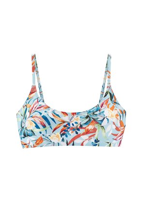 Bikini-top met bloemprint en een lichtblauwe basis. Heeft dunne bandjes, een vierkante halslijn en levendige kleuren in een tropisch bladenpatroon.