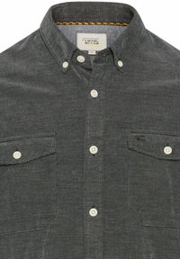 Button-up shirt in dark gray textured fabric, featuring two chest pockets and white buttons, with orange accent stitching inside the collar.