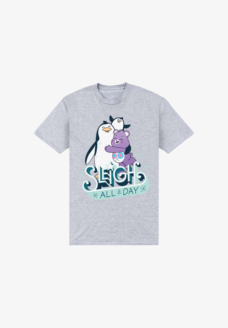 Šedé bavlněné tričko s potiskem tučňáka a medvěda a nápisem "SLEIGH ALL DAY" v modrých a bílých akcentních barvách.