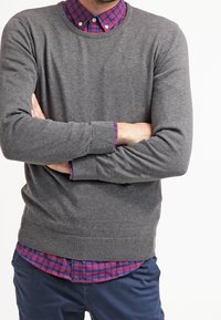Grauer Strickpullover mit runder Ausschnitt, getragen über einem rot-blauen karierten Hemd. Enthält gerippte Bündchen und Saum und zeigt einen geschichteten Stil.