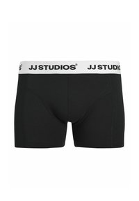 Boxers noirs en tissu doux, avec une ceinture élastique blanche portant le logo "JJ STUDIOS". Texture lisse, coupe ajustée.