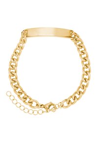 Bracciale in materiale dorato con una piastra liscia e piatta. Dotato di un moschettone e lunghezza regolabile grazie a un'estensione della catena.