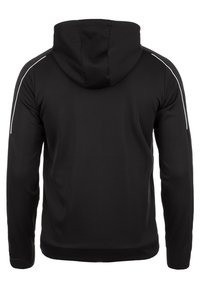 Felpa nera con cappuccio dalla texture liscia, con strisce laterali bianche sulle spalle e una vestibilità comoda.