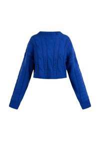 Pulover tricotat albastru, scurt, cu design din puncte de cablu, mâneci largi și guler și tiv din material cu aspect texturat. Realizat din fire groase, cu textură.
