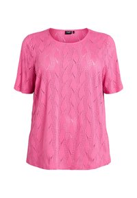 Top rosa a maniche corte con un motivo a onde testurizzato e design a trama aperta. Collo rotondo e vestibilità rilassata, realizzato in un materiale traspirante.
