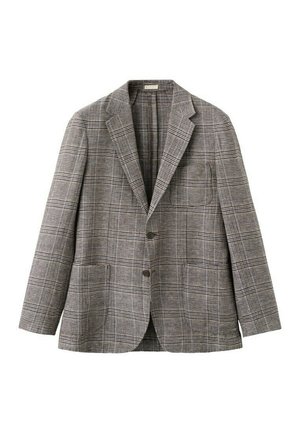 Grijze geruite blazer met twee knopen, inkeping revers en voorzakken met klep, getoond op een witte achtergrond.