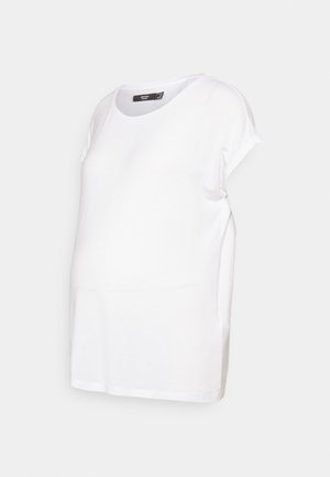 T-shirt de maternidade branca com um corte relaxado, mangas curtas, gola redonda e material de algodão macio. Costuras planas para conforto.