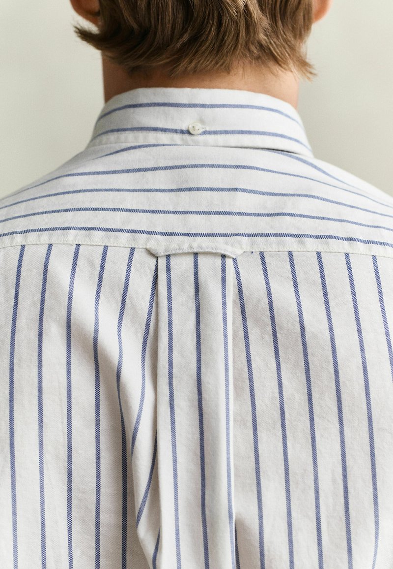 Dos d’une personne portant une chemise blanche à fines rayures bleues verticales et horizontales, avec un bouton sur le col.