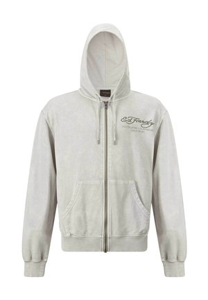 Light gray zip-up hoodie made of soft material, featuring a front pocket, drawstring hood, and printed branding on the chest area.