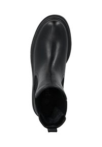 Czarne skórzane botki za kostkę z elastycznymi panelami po bokach, zaokrąglonym noskiem i teksturowanym wykończeniem. Zawierają pętelkę z tyłu ułatwiającą zakładanie.