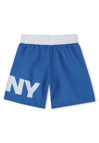 Blauwe zwembroek met een witte elastische tailleband, voorzien van een grote witte "NY" afbeelding op het linkerpijpje. Glad, lichtgewicht stof.