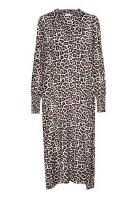 Robe maxi à imprimé léopard avec des manches longues, un décolleté en V et des poignets froncés. Tissu doux et lisse avec une silhouette fluide et décontractée.