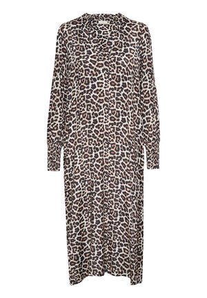 Maxi dress con stampa leopardata, maniche lunghe, scollatura a V e polsini arricciati. Tessuto morbido e liscio con una silhouette fluida e rilassata.