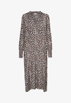 Maxi dress con stampa leopardata, maniche lunghe, scollatura a V e polsini arricciati. Tessuto morbido e liscio con una silhouette fluida e rilassata.