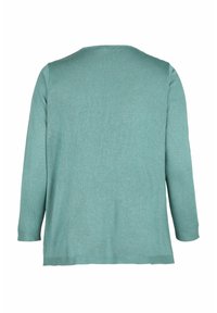 Pull léger teal, col rond, manches longues, poignets côtelés. Texture douce, coupe légèrement ample et ourlet droit. Aucun motif ou accent visible.