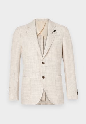 Beiger strukturierter Blazer mit Reverskragen, zwei braunen Knöpfen und Seitentaschen. Verfügt über eine schwarze Reversnadel und eine crèmefarbene Innenauskleidung.