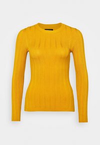 Gelber gerippter Pullover mit langen Ärmeln und Rundhalsausschnitt. Verfügt über eine figurbetonte Silhouette und ein durchgängiges, strukturiertes Vertikalmuster.