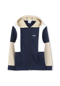 Hoodie met blokken in marineblauw, wit en beige. Voorzien van een volledige rits, twee zakken aan de voorkant en een zachte textuur. BOSS-logo op de borst.