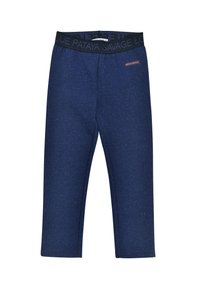 Navy blue pants with a textured fabric, featuring a black waistband with "KEEP ON SMILING" and "SAVAGE" text. Mid-calf length, slim fit.