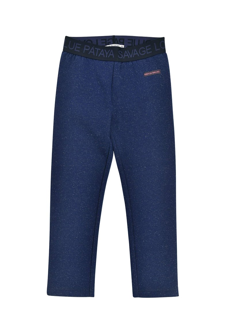 Navy blue pants with a textured fabric, featuring a black waistband with "KEEP ON SMILING" and "SAVAGE" text. Mid-calf length, slim fit.