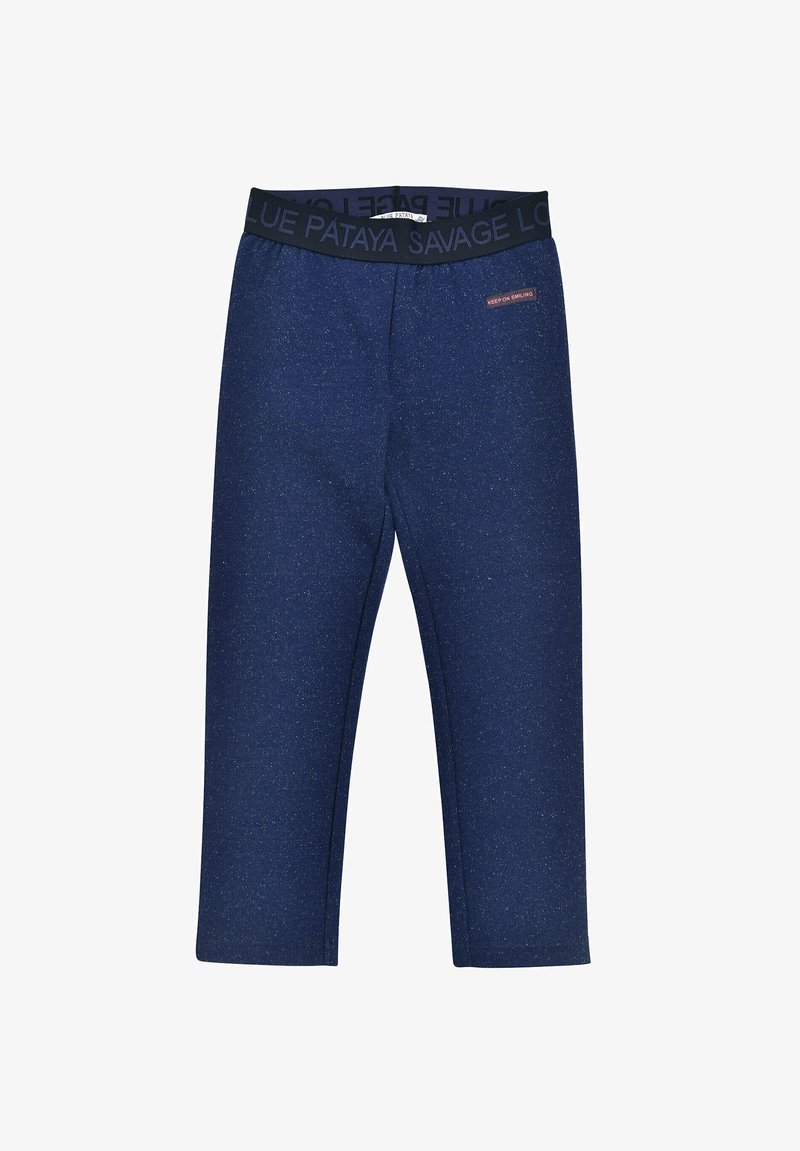Navy blue pants with a textured fabric, featuring a black waistband with "KEEP ON SMILING" and "SAVAGE" text. Mid-calf length, slim fit.