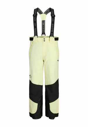 Pantalon de ski isolé jaune clair et noir avec bretelles noires ajustables arborant un texte de marque.