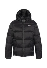 Giacca imbottita nera con cappuccio, dotata di zip frontale, polsini elasticizzati e design trapuntato leggero. Logo sul petto a sinistra.