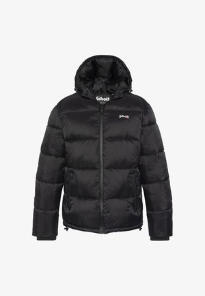Czarna pikowana kurtka puchowa z kapturem, zapinana na zamek z przodu, z elastycznymi mankietami i lekkim pikowanym wzorem. Logo na lewej piersi.