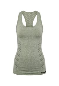 Zelené sportovní tílko z texturované látky. Má závodnický střih a vzorované síťované boční panely pro ventilaci.