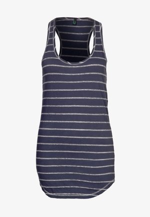 Námořnicky modrý tílko se šedými vodorovnými pruhy, měkká látka, bez rukávů, kulatý výstřih a zaoblený spodní lem.