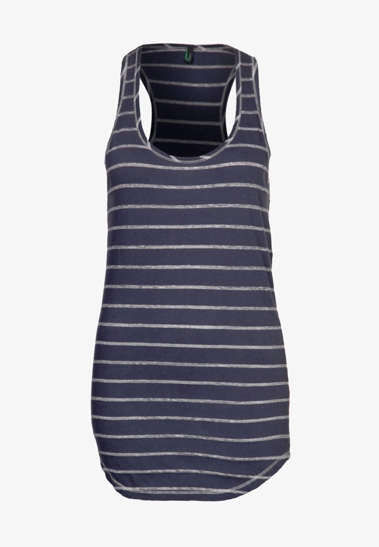Camiseta sin mangas azul marino con rayas horizontales grises, tela suave, diseño sin mangas, escote redondo y dobladillo curvado.