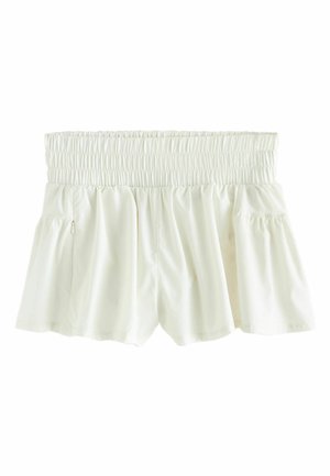 Fehér, gumírozott derékpántú rövidnadrág, húzott anyaggal és laza, légies szabással.