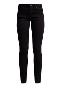 Vaqueros skinny de denim negro con una textura suave, diseño de cinco bolsillos y cierre frontal de botón. Silueta ajustada desde la cintura hasta el tobillo.