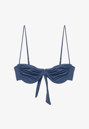 Bikiniöverdel i djupblå färg med bh-stil, som har rynkningar vid kuporna, justerbara spaghettistöd och knytning i mitten.