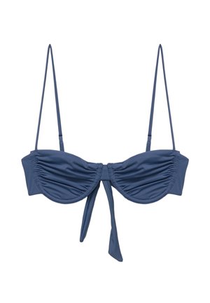 Bikini zgornji del v slogu nedrčka v temno modri barvi, ki ima nabiranje na skodelicah, nastavljive tanke naramnice in zavezovanje na sredini.