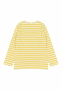 Bluză cu mânecă lungă, de culoare galbenă, cu dungi orizontale albe. Textură ribbed și decolteu rotund. Design simplu, fără detalii suplimentare.