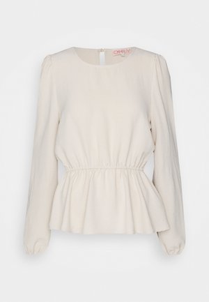 Šviesiai smėlio spalvos ilgarankovė palaidinė su apvalia iškirpte, surišta liemeniu ir šiek tiek pūstomis rankovėmis. Lygus audinys su peplumo kraštu.