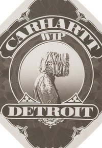 Grafica in bianco e nero che presenta una silhouette in un indumento con cappuccio, circondata da un testo decorativo circolare che recita "CARHARTT WIP DETROIT."