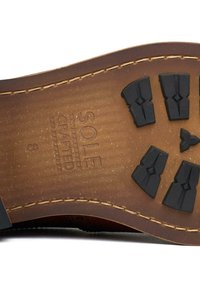 Brown leather sole with black rubber traction inserts. Features embossed text "SOLE" and "CRAFTED," with a size "8" marked inside.