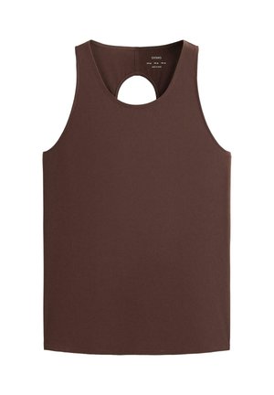 Ruskea hihaton toppi, jossa pyöreä leikkaus selän kohdalla, valmistettu sileästä kankaasta. Suora helma, ei muita koristuksia.