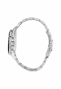 Orologio in acciaio inossidabile argentato con quadrante rotondo nero, tre pulsanti e bracciale a maglie con finiture lucide e opache.