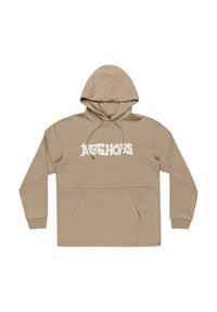 Beige hoodie with a front pouch pocket, drawstring hood, and white graphic text across the chest. Soft cotton blend fabric.