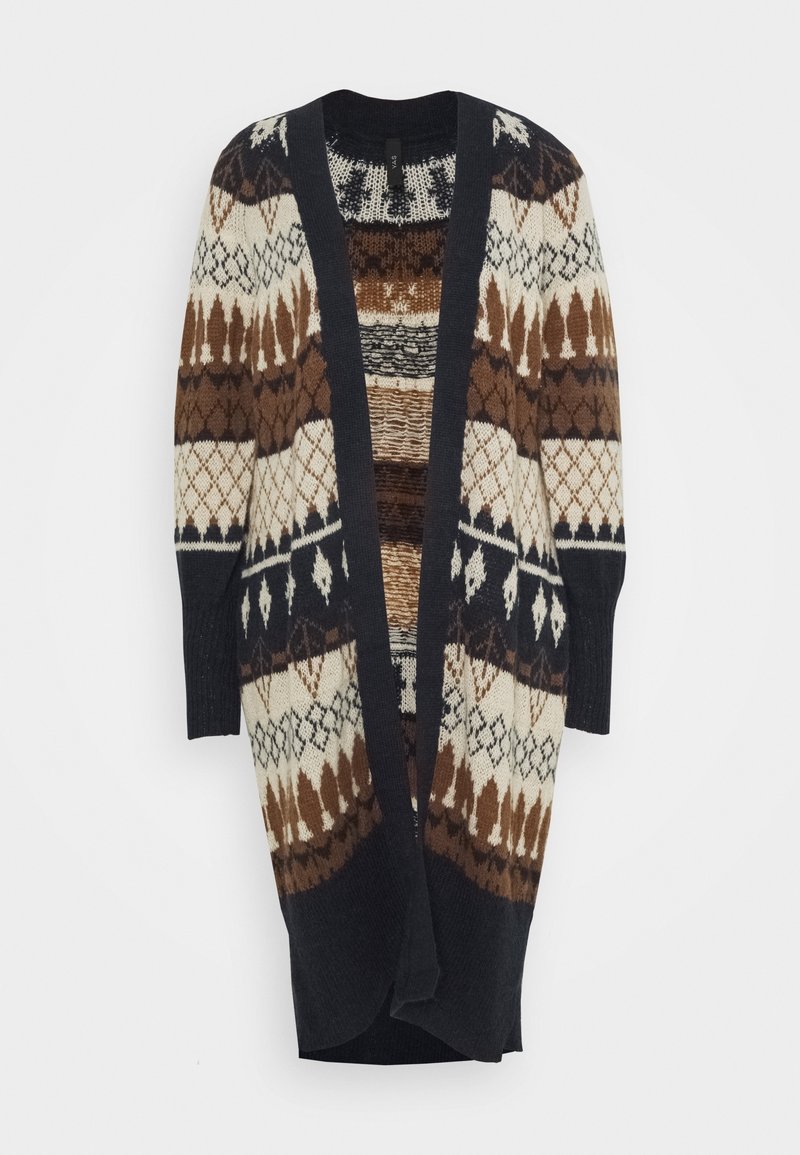 Lange gebreide cardigan met open voorkant, met bruine, crèmekleurige en zwarte geometrische en diamantpatronen, en geribbelde manchetten.