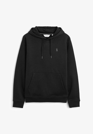 Hoodie noir avec poche kangourou à l'avant, capuche avec cordon de serrage, poignets côtelés et petit logo de cerf brodé sur la poitrine.